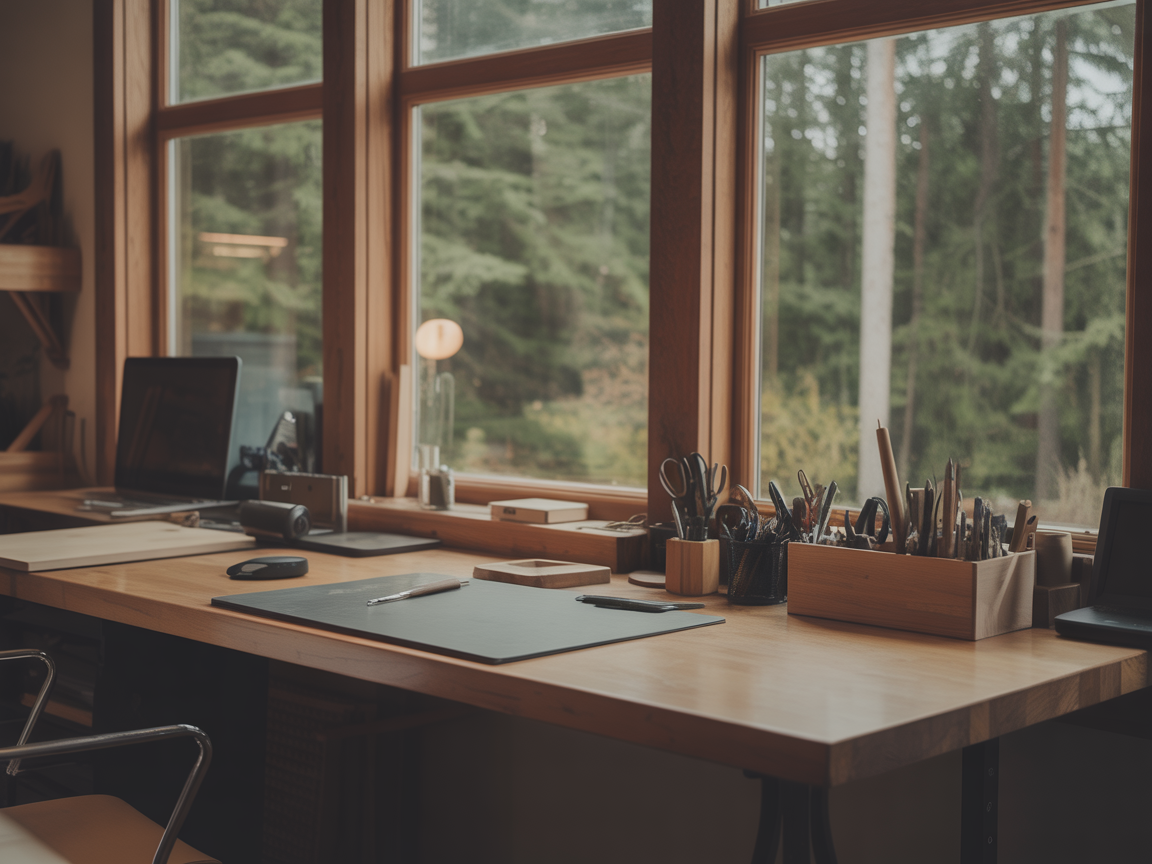 Creative workspace with natural light and PNW forest visible through windows